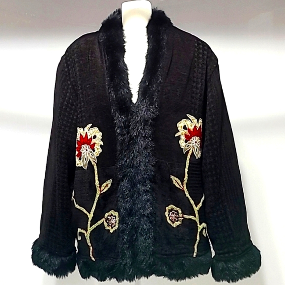 Flashback Vintage Embroidered Faux Fur Black Coat Jacket Size L - Picture 13 of 15